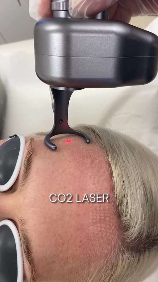 CO2 laser handpiece being used on a client's forehead at the clinic